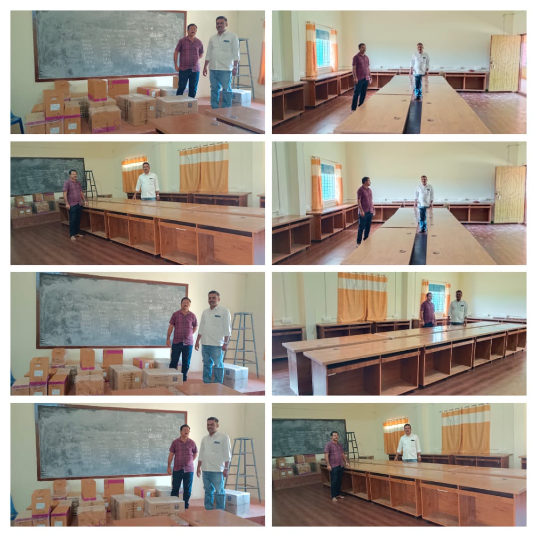 Collage of two men in an empty room with new wooden desks and stacked equipment boxes