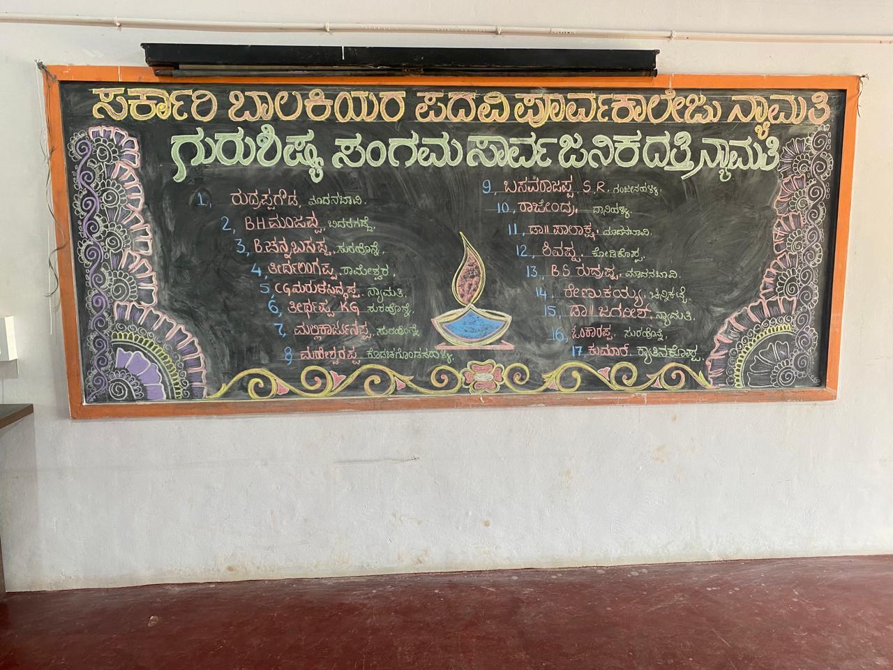 A decorated chalkboard welcoming the trustees and listing their names in Kannada